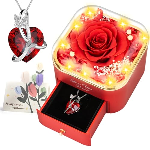 ENERLEAF Preserved Red Real Rose with Necklace Jewelry Box -Eternal Flowers Rose Gifts for Grandma Wife Girlfriend on Valentines Mothers Day Christmas Birthday Anniversary Romantic Gifts for Her - color: Red