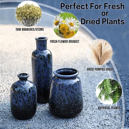 Ceramic Vases Set for Flowers, 3 Piece Pampas Grass Vase, Modern Farmhouse Boho Style Home Decor for Entryway Tables, Fireplaces, Shelves, Living Rooms and Kitchens, Navy Blue - color: Navy Blue