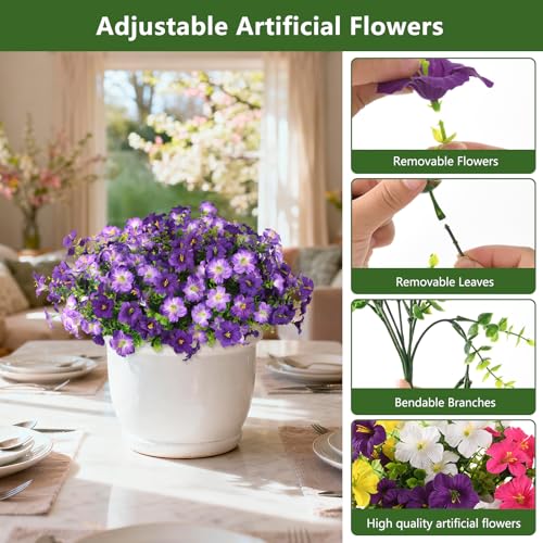 INQCMY Artificial Fake Flowers for Outdoors Decoration,12 Bundles Silk Colorful Morning Glory with Eucalyptus UV Resistant Look Real Faux Flowers for Planter Door Garden Porch Patio Balcony Yard - color: Dh Double Purple