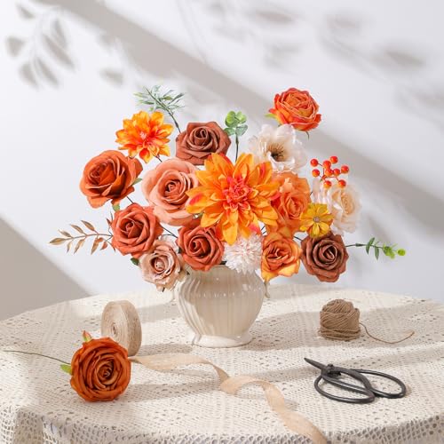 Floweroyal Artificial Flowers Fake Rose Flowers Dahlia with Stems for DIY Wedding Bridal Bouquets, Baby Shower, Floral Arrangement, Table Centerpieces, Home Decorations - color: Orange Fall Sundown