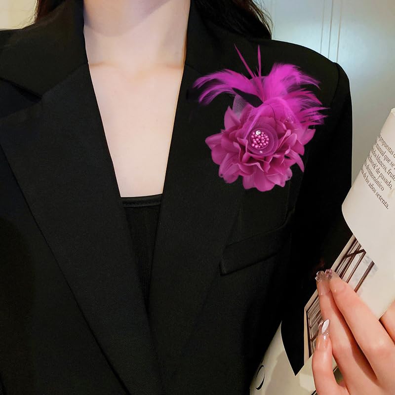 Elegant Flower Brooch for Women Wedding Party Dance Banquet Pins Feather Flower Fascinator Lady Floral Hairpins Dress Suit Lapel Pin Ceremony Accessories Corsage Brooches Vintage Jewelry Gifts - color: Rose Red