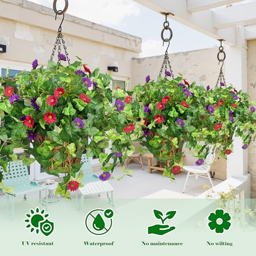 Krissing 2 Pack Artificial Hanging Flowers with Baskets for Outdoors UV Resistant Fake Ivy Plants Greenery Faux Silk Daisy Flowers for Outdside Porch Balcony Summer Home Decor (Purple, Red) - color: Purple+hot Pink, size: 6pcs with 2 baskets