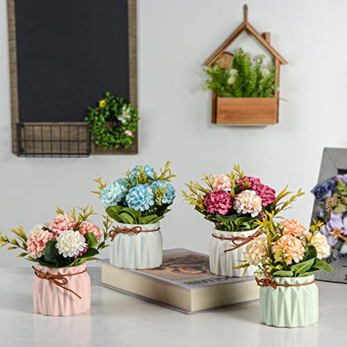 Artificial Flower Plants – Mini Fake Hydrangea Flowers in Pot for Home Decor Party Wedding Office Patio Table Desk Decoration, Set of 4, Size: 3.3''(Diameter) x 5.5''(Tall) - color: Hydrangea-4