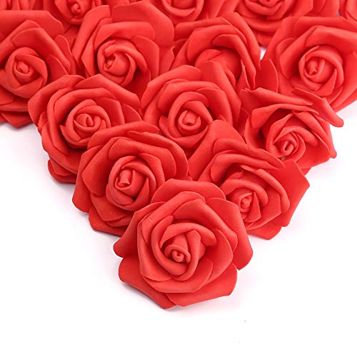 IPOPU 100 Pcs Artificial Flowers Roses Flower Heads Coral Red Foam Fake Roses for DIY Craft Wedding Centerpieces Arrangements Party Baby Shower Cake Decor Home Decorations (Red, Stemless) - color: Red 100pcs