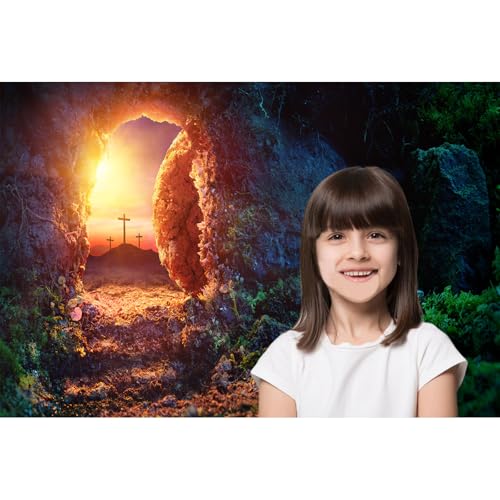Empty Stone Tomb Backdrop Sunrise Sunset Crucifixion Resurrection of Jesus Christ Photography Background Holy Lights Cross Background God Bless Jesus Christian Easter Christian Backdrop 5x3ft - color: Black_Orange, size: 5x3ft