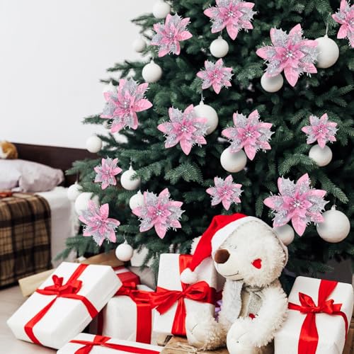 36 Pcs Christmas Glitter Artificial Poinsettia Flowers Xmas Poinsettia Artificial Wedding Flowers Decorations Xmas Tree Ornaments with Clips for Party, 6 Inch, 4 Inch, 3 Inch(Peach Pink, Silver) - color: Peach Pink, Silver