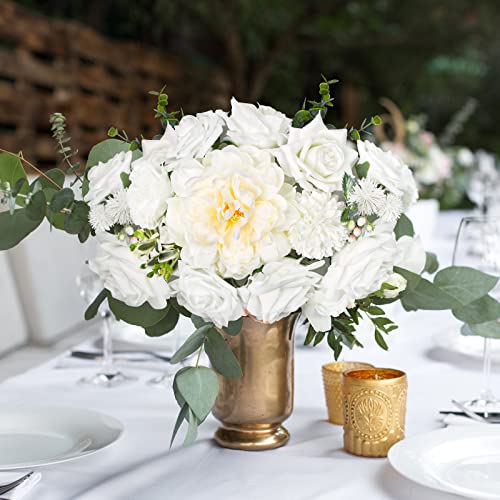 AmyHomie White Artificial Flowers Combo Silk Mix Peony Rose Hydrangea Daisy Fake Flowers w/Stem for DIY Wedding Bouquets Centerpieces Arrangements Table Decor Party Bridal Baby Shower Home Decor - color: Charming White