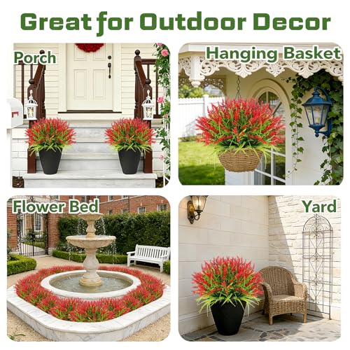 Faux Flowers for Outdoor Planters – 20 Bundles Fake Plants Outdoor, UV Resistant Artificial Plants & Flowers with Fake Monkey Grass, Faux Outdoor Plants for Porch Patio Garden Decor - color: Red – 20 Bundles