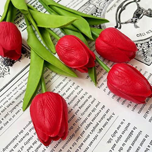 UKELER 24 Pcs Artificial Tulip Flowers Red Real Touch PU Tulips for Easter Spring Wreath Wedding Bouquets Table Centerpiece Floral Arrangement Memorial Day Cemetery Décor 13.5" - color: Red