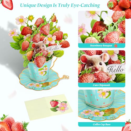 Airpark Pop Up Flower Bouquet Card for Women, 3D Floral Greeting Card with Envelope and Note, Birthday Thank You Thinking of You Get Well Gift for Mom Friend Wife Teacher, Strawberry - style: Strawberries