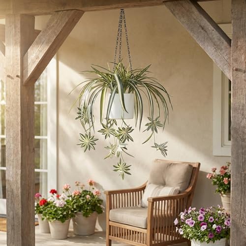 Sousi Artificial Spider Plants Hanging Baskets for Outdoor, Faux Silk Chlorophytum Comosum Summer Plants Fake Spider Plant with Pot for Outdoor Indoor Home Garden Office Decoreations - color: Green With Pot