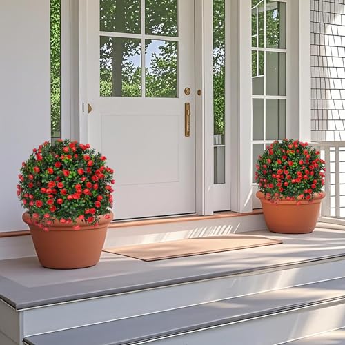 Grooy Artificial Boxwood Topiary Tree with Rose, Set of 2 Artificial Shrub Bushes with Ground Spike, Fake Evergreen Tree for Porch, Artificial Plants for Outdoor Planters Indoor UV Resistant - color: Red Rose