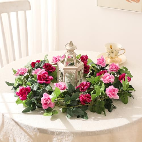 JUSTOYOU 2 Pack (15.8FT) Fake Rose Garland, Artificial Rose Vines Flowers Hanging Silk Rose Vine Wedding Home Backdrop Party Arch Arrangement Decoration - color: Fuchsia