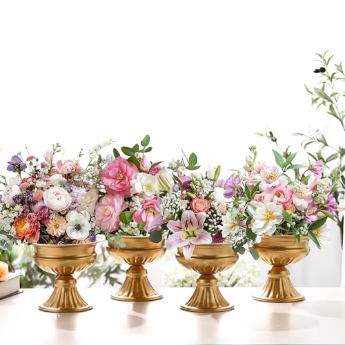 MCMCNCUIU Gold Vases for Centerpieces, Set of 8 Vintage Urn Vase, Small Pedestal Vases for Wedding Centerpieces, Gold Metal Vase for Wedding Table, Party, Home, Anniversary Decoration, 6.6 Inches - color: Gold, size: Urn-8Pcs