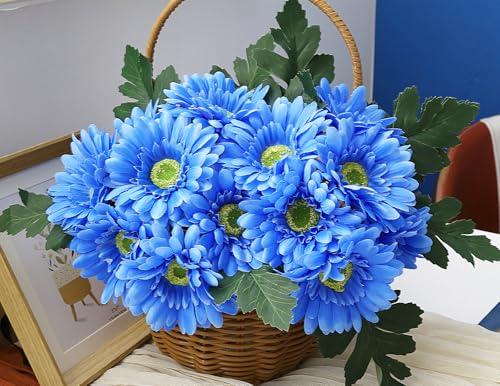 IPOPU 2 Bundles Artificial Gerbera Daisy Flowers 14 Heads Blue Fake Daisy with Stems Faux Silk Daisy Flowers for Wedding Bridal Bouquet Party Floral Arrangements Table Centerpiece Decor (Blue) - color: Blue