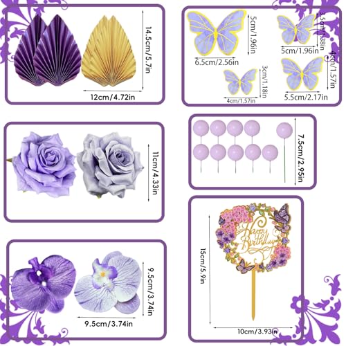 29Pcs Flower Cake Topper Palm Leaves Butterfly Ball Boho Cake Decorations Acrylic Happy Birthday Cake Toppers Cupcake Cake Insert Topper for Wedding Birthday Party Decoration Supplies(Light Purple) - color: Light Purple