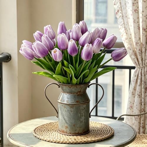 PU Real Touch Tulips Artificial Flowers 30Pcs Fake Flowers Arrangement Bouquet for Home Office Wedding Decoration (Purple) - color: Purple 30pcs