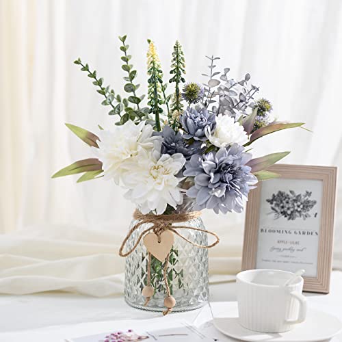 Fake Flowers Artificial Blue Flowers with Vase, Table Centerpieces for Dining Room, Silk Flower Arrangements for Home, Living Room Bathroom Plant Decor, Centerpiece Table Decorations - color: White and Blue