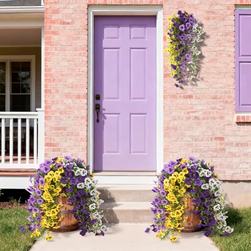 Fake Artificial Flowers for Outdoors, 4 Pcs Faux Hanging Pansy Flowers Spring Summer Decor, UV Resistant Fake Plants Silk Flower for Planter Front Door Porch Patio Yard Garden(Purple Yellow White) - color: Double Purple,white,yellow