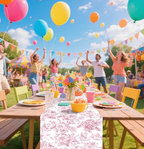 6 PCS Pink Floral Table Runner 14 x 108 Plastic Flower Table Runner for Party Birthday Baby Shower Bridal Shower Wedding Disposable Table Runners - color: Pink Floral Table Runner, size: 6 PCS