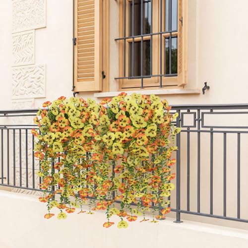 Artificial Hanging Flowers for Outdoors, 4 PCS 29.5in UV Resistant Faux Outdoor Hanging Plants Pansy Flowers Fake Cascading Floral Vines for Porch Patio Balcony Pergola, Yellow & Orange - color: Yellow&orange