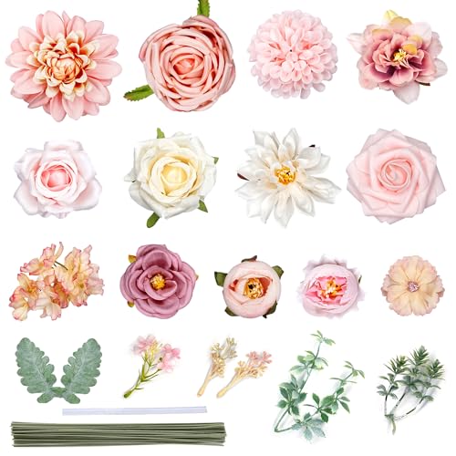 Pink Artificial Flowers Combo Silk Mix Fake Flowers with Stem for DIY Wedding Arch Bridal Bouquets Baby Shower Centerpieces Party Wall Home Decorations - color: Pink,white