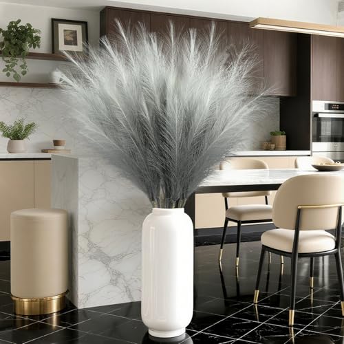 TORONTOKYO 8Pcs Grey Faux Pampas Grass Tall Decor, 35.4” Fluffy Artificial Pompous Grass Branches, Large Pampas Grass Reed Stems for Floor Vase Filler, Wedding, Baby Shower, Home and Boho Decor - color: Grey, size: 35.4inch-8Pcs