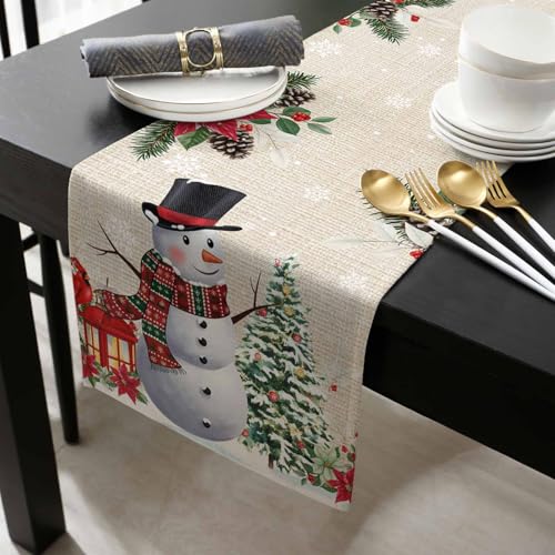 Christmas Snowman Poinsettia Table Runner-Cotton Linen-90 Inch Holiday Dresser Scarves, Floral Eucalyptus Swirls Snowflake Tablerunner for Kitchen Coffee/Dining Bedroom Living Room Dinner Scarf Décor - color: Christmas, size: 13x90 Inch