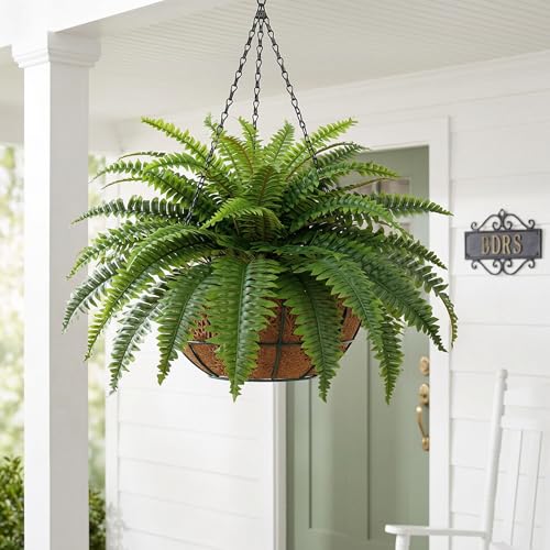 Larksilk Realistic 28" Artificial Hanging Boston Fern, UV Resistant Faux Silk Plant, Lifelike Fake Outdoor Greenery for Porch, Patio, Front Door & Indoor Decor, Large Hanging Fern