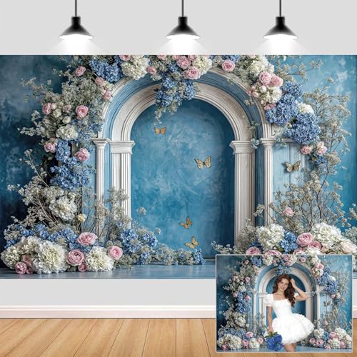 7X5ft Retro Blue Flower Backdrop Blue Hydrangea Floral Butterfly Arch Photography Backdrops European Style Bridal Shower Party Banner for Interior Portrait Photoshoot Photo Booth Wallpaper Decor - color: Multi12, size: 7X5ft