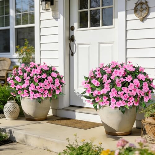Ouddy Decor 6 Bundles Artificial Flowers for Outdoors Decorations, Fake Silk Flowers Faux Plants Plastic Bouquet UV Resistant for Porch Garden Wedding Spring Summer Indoor Outside Home Decor, Pink - color: Pink