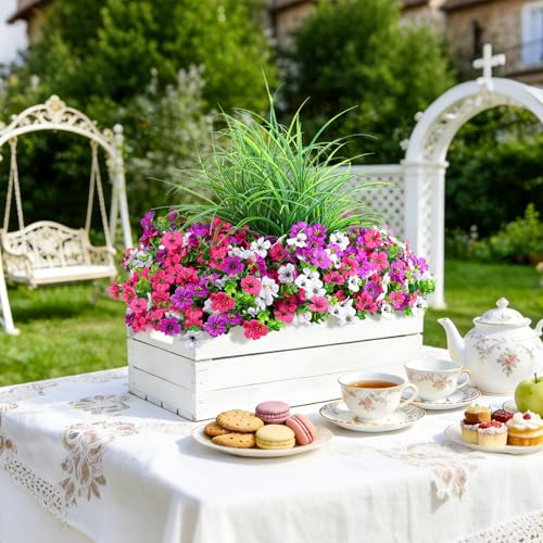 INQCMY Artificial Flowers for Outdoors UV Resistant, 14 Bundles Fake Plants Realistic Silk Flowers with Faux Ferns for Outside Planters Home Porch Patio Garden Back Yard Spring Summer Decoration - color: Light Purple Rose Red White
