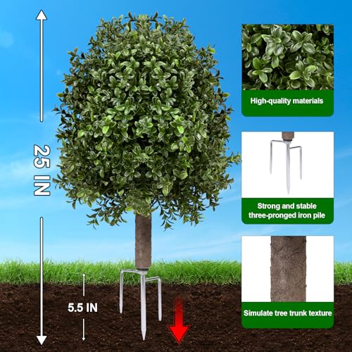 25" Artificial Boxwood Topiary Ball Tree - 2-Pack Realistic Touch Dual-Tone UV-Resistant Outdoor Fake Plant with Triangular Stake & Natural Trunk Texture, Faux Topiary Bush for Garden Porch Decor