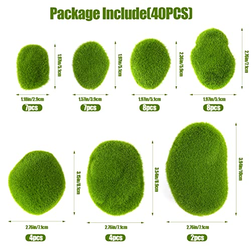 CCINEE 40pcs Artificial Moss Rocks, 7 Size Green Floral Moss Balls Moss Covered Stones Fake Moss Decor for Floral Arrangements Fairy Gardens and Crafting… - color: 40PCS
