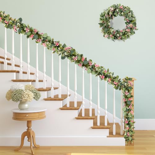 2Pack Eucalyptus Flower Garland with Violet 5.9Ft Artificial Ivy Greenery Hanging Vine Fake Ivy Floral Plants Garland for Wedding Outdoor Garden Party Background Table Runner, Total 11.8Ft, Pink - color: Pink Violet