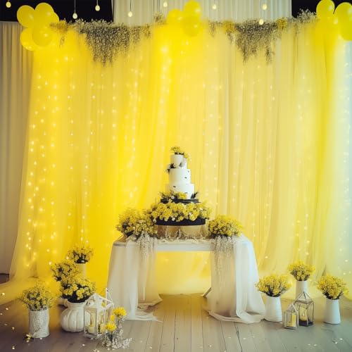 10ft x 8ft Yellow Backdrop Curtain with Lights String for Parties, Sheer Tulle Wedding Photo Backdrops Drapes for Baby Shower Birthday Party Decorations Background for Photography - color: Yellow, size: W5' x H8'(2 panels)