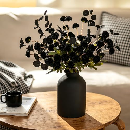 BLOSMON Black Flowers Artificial for Table: Metal Vase with 12 Stems of Fake Mums Eucalyptuses Centerpieces for Dining Room - Faux Silk Pom Poms Floral Arrangements Black Kitchen Home Decor Indoor - color: Black Kiku