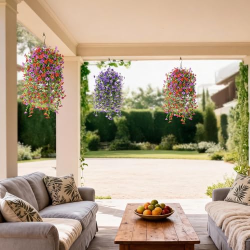 ZFProcess Artificial Hanging Flowers for Outdoors, 2 Pcs Fake Hanging Plant Spring Summer Decor, UV Resistant No Fade Realistic Faux Flower for Front Door Porch Planter Patio Garden Yard(Red Purple) - color: Red Purple