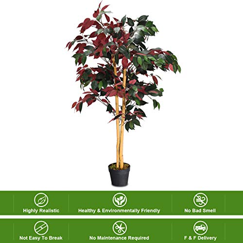 Goplus 4FT Tall Artificial Ficus Tree, Greenery Fake Tree Faux Plant in Pot for Indoor Outdoor Home Décor