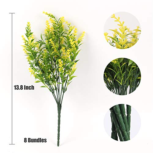 RECUTMS 8 Bundles Artificial Lavender Flowers for Outdoor Decoration, UV Resistant Fake Shrubs Greenery Bushes House Office Garden Patio Indoor Outdoor Decor (Yellow) - color: Yellow, size: 8 Bundles