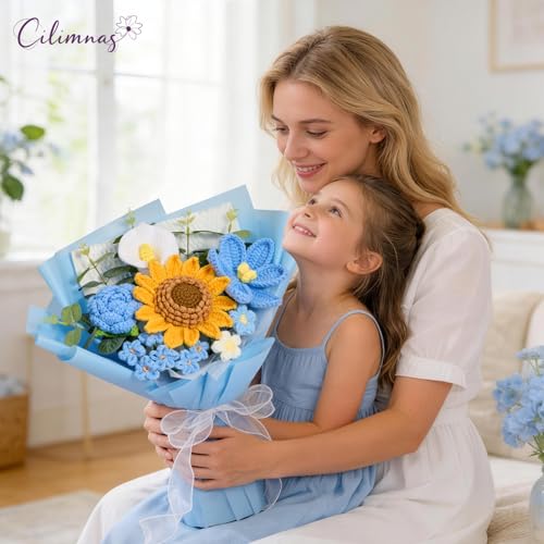 Crochet Flower Bouquet,Blue Knitted Flowers, Handmade Sunflowers Tulips Roses Bouquet for Valentine Day Birthday Anniversary Party Mother's Day Graduation Gifts(with Card) - color: Blue