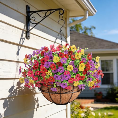 Artificial Fake Hanging Flowers Plants Basket Outdoors, Faux Silk UV Resistant Look Real Daisy Eucalyptus for Spring Summer Garden Porch Home Patio Balcony Yard Decorations, Multicolor - color: Multi Color