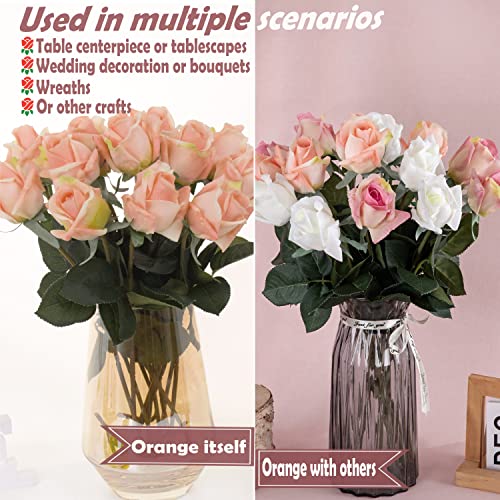 12pcs Half Opened Artificial Rose Buds,17 Inch Real Touch Silk Roses with Partially Opened Flowers, Artificial Flower for Home Décor Centerpiece Wedding Bouquet,Orange - color: Orange