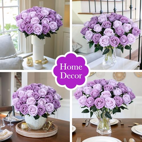 50 PCS Purple Roses Artificial Flowers, Real Looking Fake Roses with Long Stems Silk Flowers for DIY Wedding Bouquet Party Celebration Home Bridal Baby Shower Decoration Birthday Gift for Her Wife - color: Dusty Violet & Pale Lavender