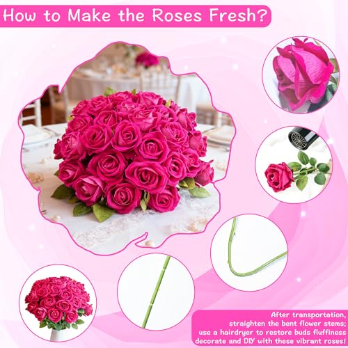 36 Pcs Hot Pink Rose Artificial Flowers Velvet Bouquet with Long Stem Real Touch Fake Roses Florals for Bridal Wedding Bouquet Party Arrangement Centerpiece Decorations - color: Hot Pink