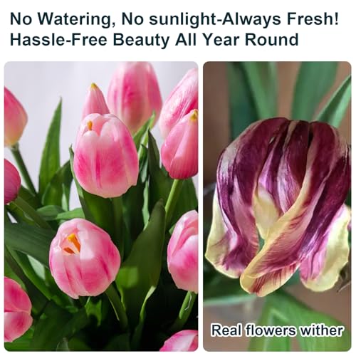 Bailikang 20PCS Fake Tulips 12' Artificial Tulip Silk Flowers Fake PU Bouquet Artificial Flowers Faux Flowers with Gift Box Soft Faux Tulips Bouquets Arrangements for Party Wedding Home - color: Pink