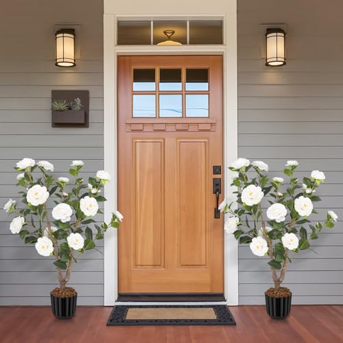 Artificial Camellia Tree for Indoor and Outdoor, Faux Flower Tree Plant in Pot Fake Topiaries for Home Front Porch Decor(1, White) - color: White