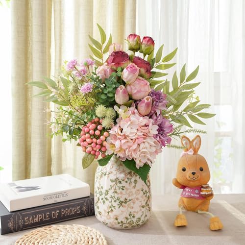 17-inch Artificial Fake Flowers Silk Flower Arrangements Faux Bouquets with Roses, Tulips, Calliopsis, Dahlias, Hydrangeas, Sages, Dandelions, Eucalyptus and Berry Bead Branch - color: Lilac Whisper