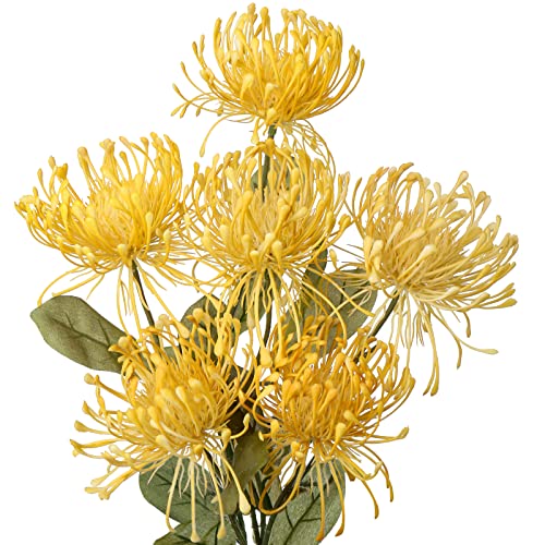 Hollyone 33" Yellow Artificial Mums Flowers Chrysanthemum Flowers 2Pcs Fake Spider Mum Flower Arrangement Faux Pincushion Flower with 3 Heads Long Stem for Party Centerpiece Bouquet Home Decor - color: Yellow