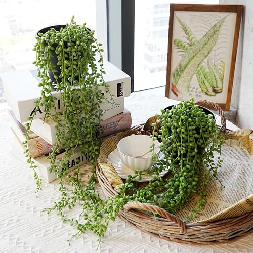 Jahe 2 Pcs String of Pearls Artificial Plants Indoor, Beaded Plant Succulents Plants Artificial, Fake Vines in Black Pots,Trailing Faux Plant for Living Room Bathroom Accessories Farmhouse Wall Decor